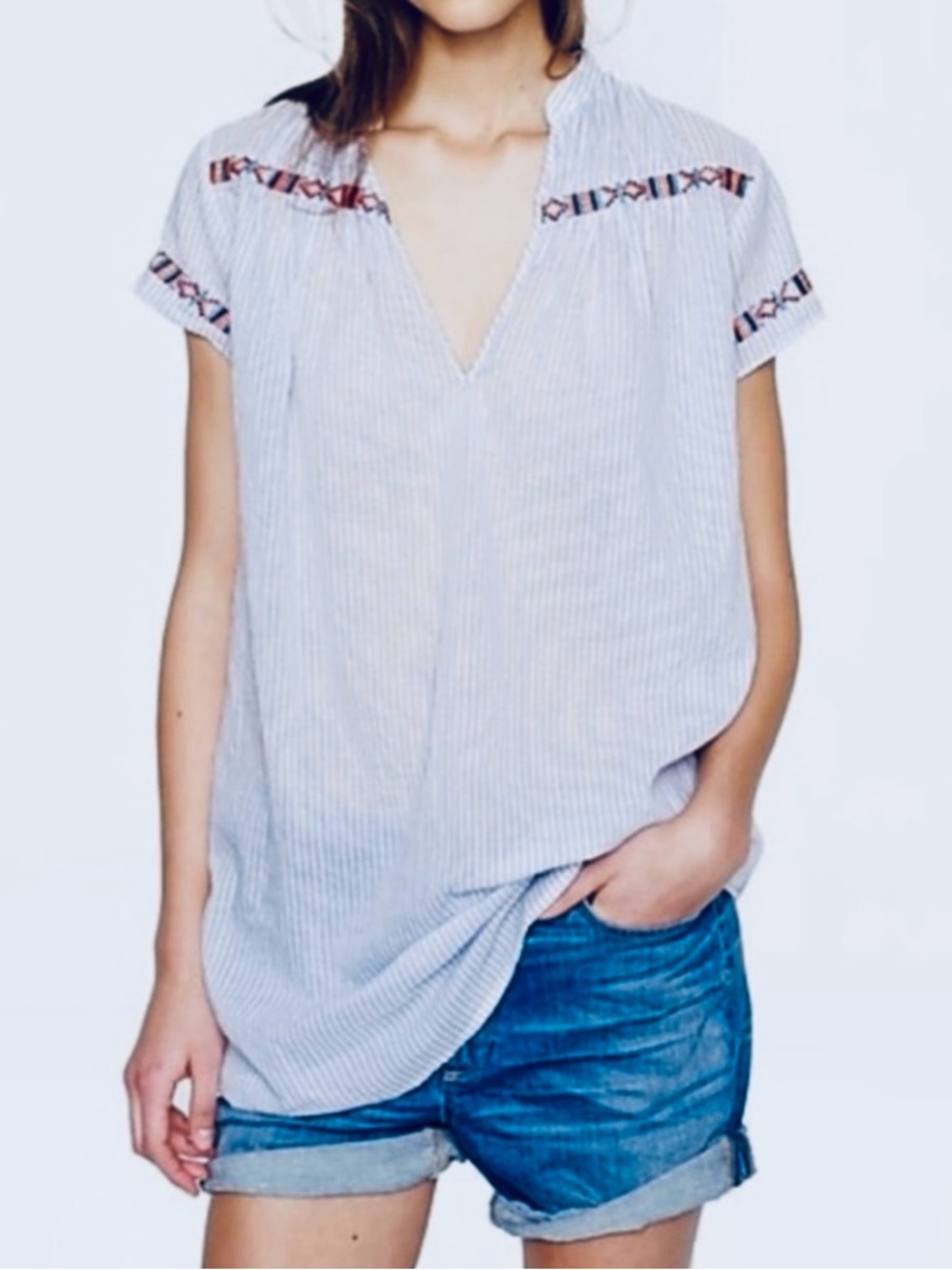 J Crew Blue & White Stripe Tunic / Coverup Contrast Embroidered Lightweight sz S